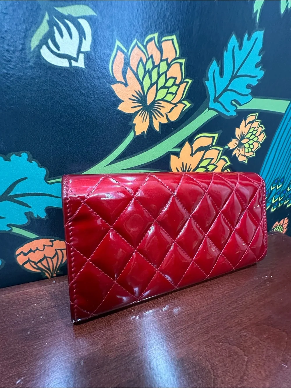 Chanel Classic Red Patent Quilted Long Flap Wallet Silver CC 13 Series